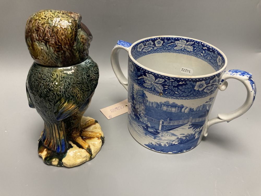 A pearlware fallow deer loving cup and a Martin Bros style bird jar and cover, height 22cm